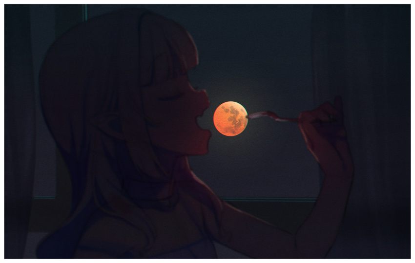 1girl border closed_eyes collar commentary_request dark eclipse fang forced_perspective fork highres holding holding_fork long_hair lunar_eclipse makaino_ririmu moon night nijisanji open_mouth pointy_ears profile red_moon sabamen sidelocks solo upper_body virtual_youtuber white_border window