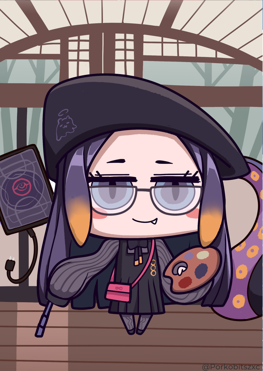 1girl absurdres ao-chan_(ninomae_ina'nis) beret blue_eyes chibi fang full_body glasses hat highres holding_palette hololive hololive_english looking_at_viewer ninomae_ina'nis palette porko purple_hair riyo_(lyomsnpmp)_(style) solo tako_(ninomae_ina'nis) tentacles twitter_username virtual_youtuber