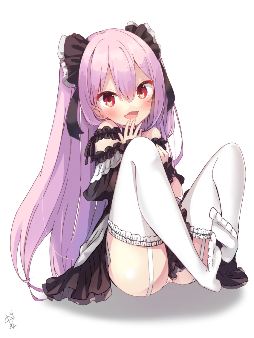 1girl :d amagasa_nadame bangs bare_shoulders black_dress blush commentary_request dress eyebrows_visible_through_hair fang frilled_dress frilled_legwear frills full_body garter_straps hair_between_eyes hand_to_own_mouth hand_up highres hololive knees_up long_hair looking_at_viewer no_shoes off-shoulder_dress off_shoulder open_mouth panties pink_hair red_eyes shadow signature smile soles solo striped striped_panties thigh-highs two_side_up underwear uruha_rushia very_long_hair virtual_youtuber white_background white_legwear