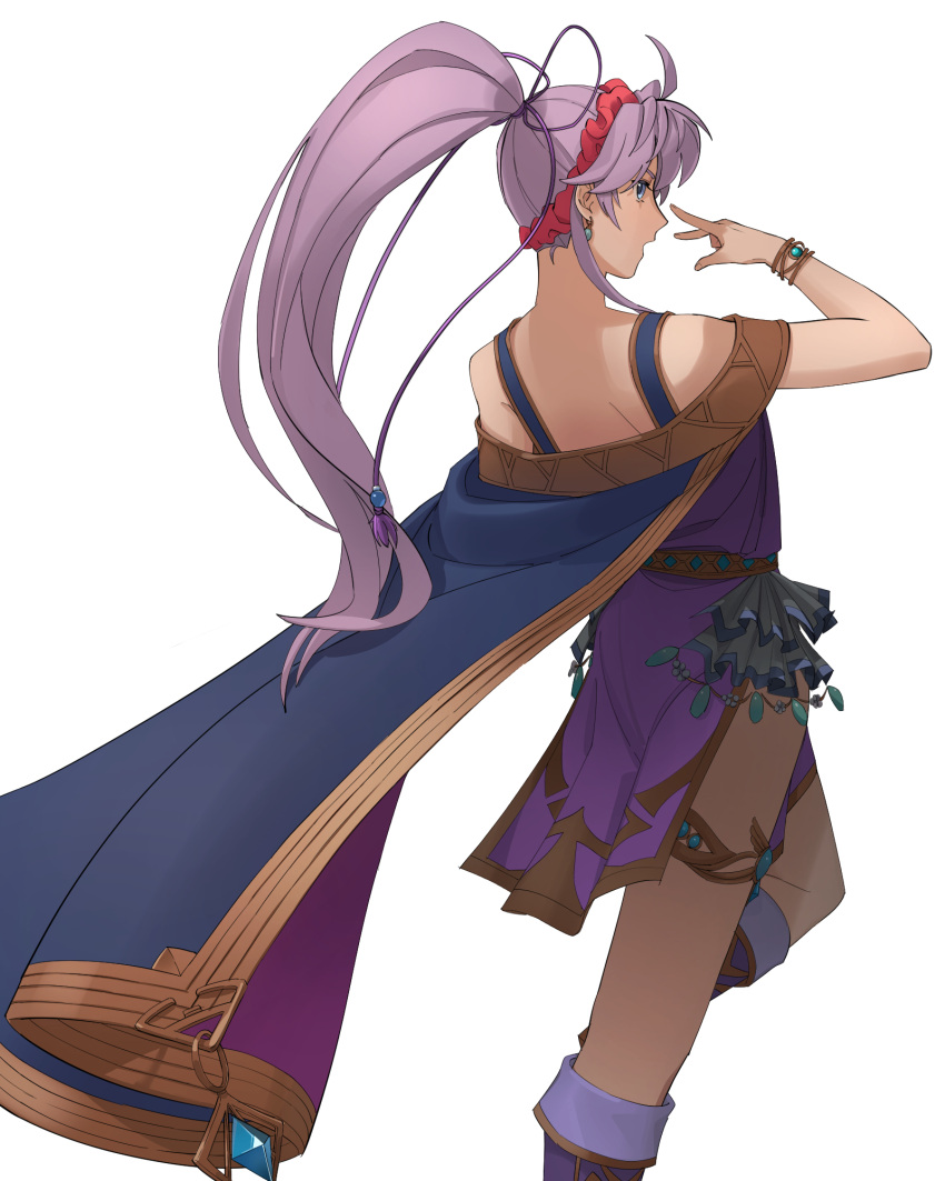 1girl a_(user_vtsy8742) arm_up bangs blue_eyes cape dress fire_emblem fire_emblem:_genealogy_of_the_holy_war hair_ribbon hairband highres jewelry long_hair looking_back ponytail purple_dress purple_hair ribbon simple_background solo tailtiu_(fire_emblem) thigh_strap thighs white_background