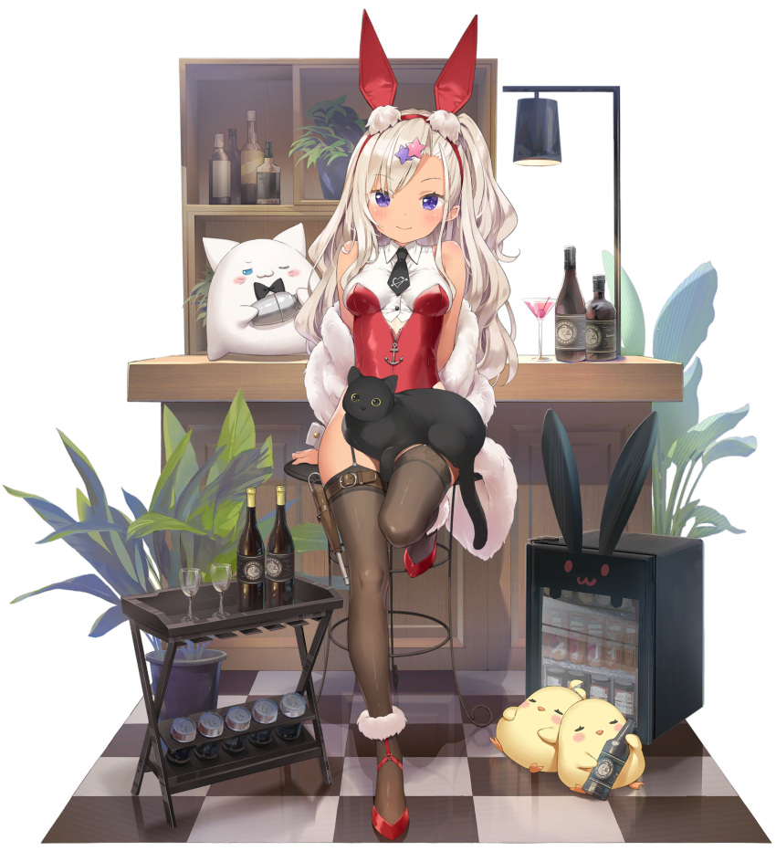 1girl animal animal_ears archerfish_(azur_lane) azur_lane bare_shoulders bird black_legwear bottle breasts cat chick closed_mouth cocktail_glass cup drinking_glass fake_animal_ears feather_boa garter_straps hairband highleg highleg_leotard highres kani_biimu leg_up leotard long_hair looking_at_viewer manjuu_(azur_lane) medium_breasts meowfficer_(azur_lane) necktie off_shoulder official_art one_side_up playboy_bunny rabbit_ears red_footwear red_leotard shoes short_necktie silver_hair sitting smile solo stool tan tanline thigh-highs thighs transparent_background violet_eyes wavy_hair wing_collar