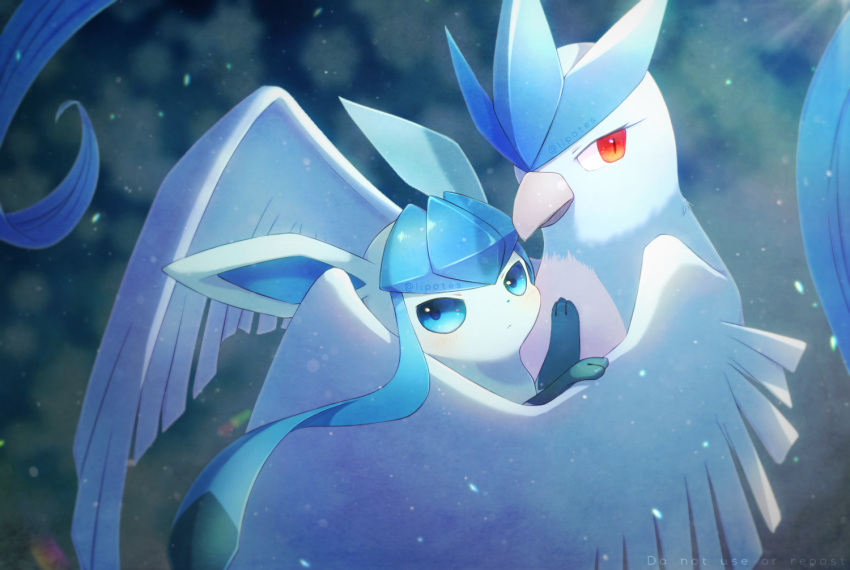 alopias articuno blue_eyes blurry closed_mouth gen_1_pokemon gen_4_pokemon glaceon hug legendary_pokemon looking_to_the_side mixed-language_commentary no_humans paws pokemon pokemon_(creature) repost_notice toes