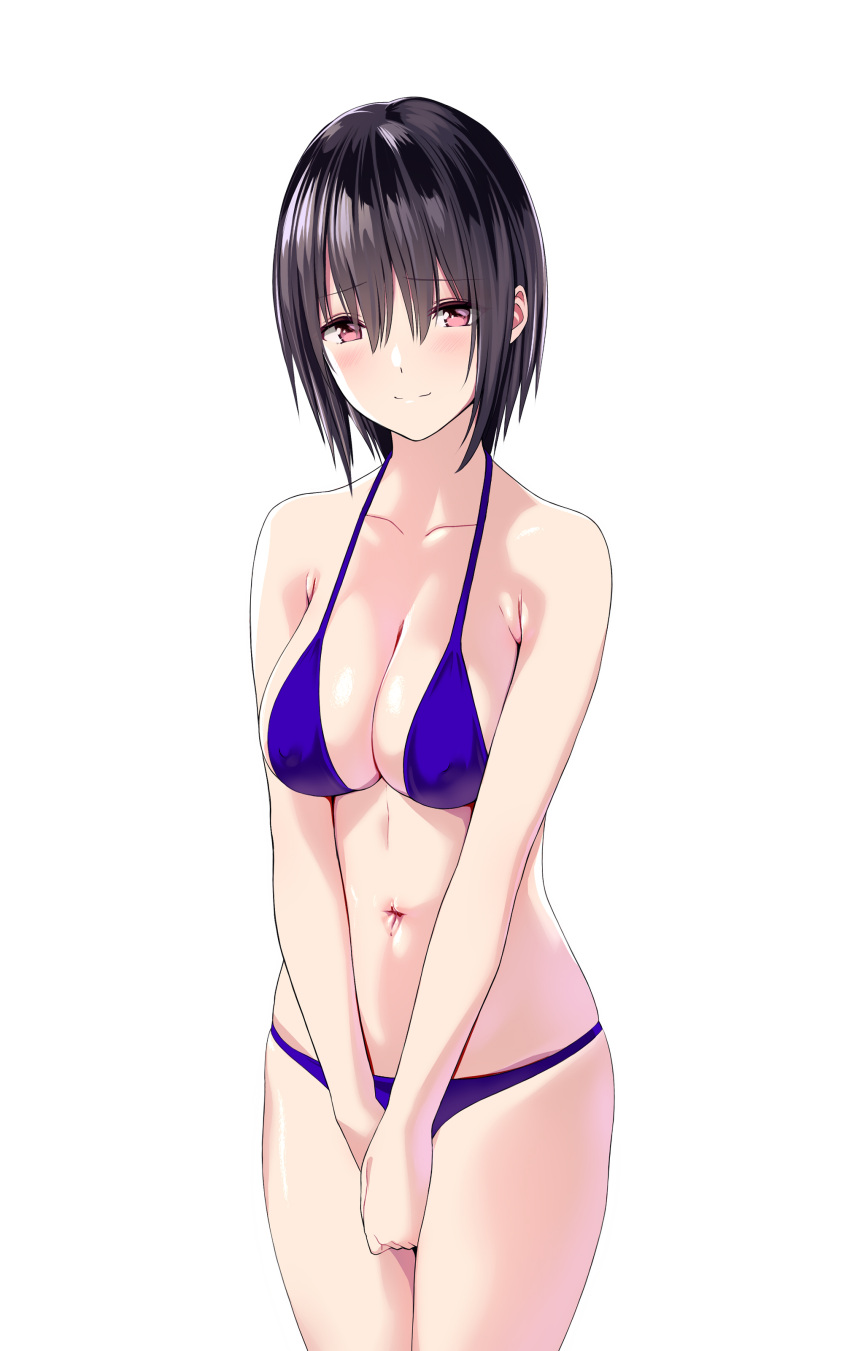 1girl absurdres bikini black_hair blue_bikini blush breasts closed_mouth collarbone commentary eyebrows_visible_through_hair hair_between_eyes highres large_breasts light_smile looking_at_viewer marui_koishi navel original red_eyes short_hair simple_background solo standing swimsuit thighs white_background