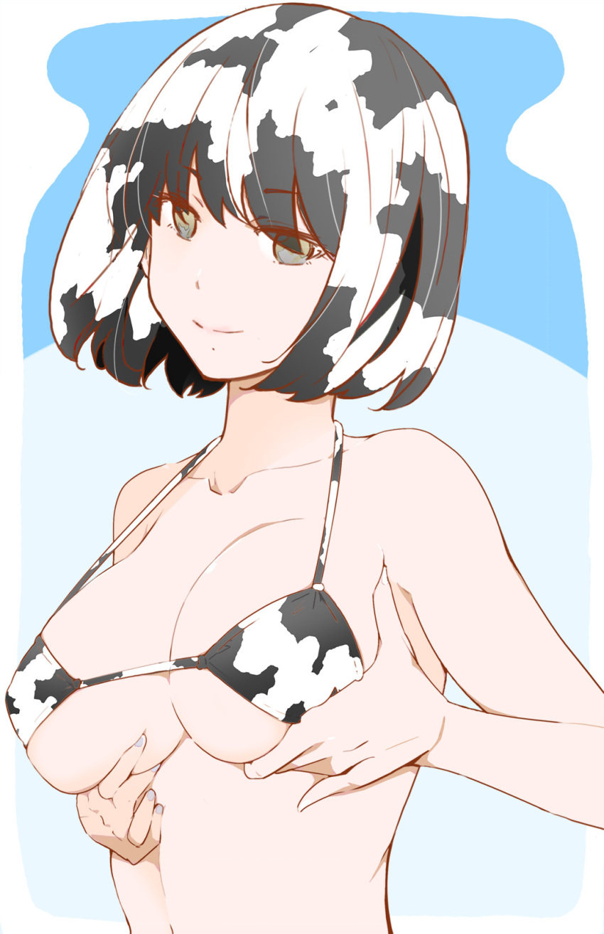 1girl animal_print armpits bikini black_hair bob_cut breasts character_request collarbone copyright_request cow_print eyebrows_visible_through_hair eyes_visible_through_hair fingers grabbing_own_breast hands highres large_breasts mole mole_under_mouth nail_polish no_pupils smile swimsuit tagme upper_body white_hair yoshinaga_yunosuke