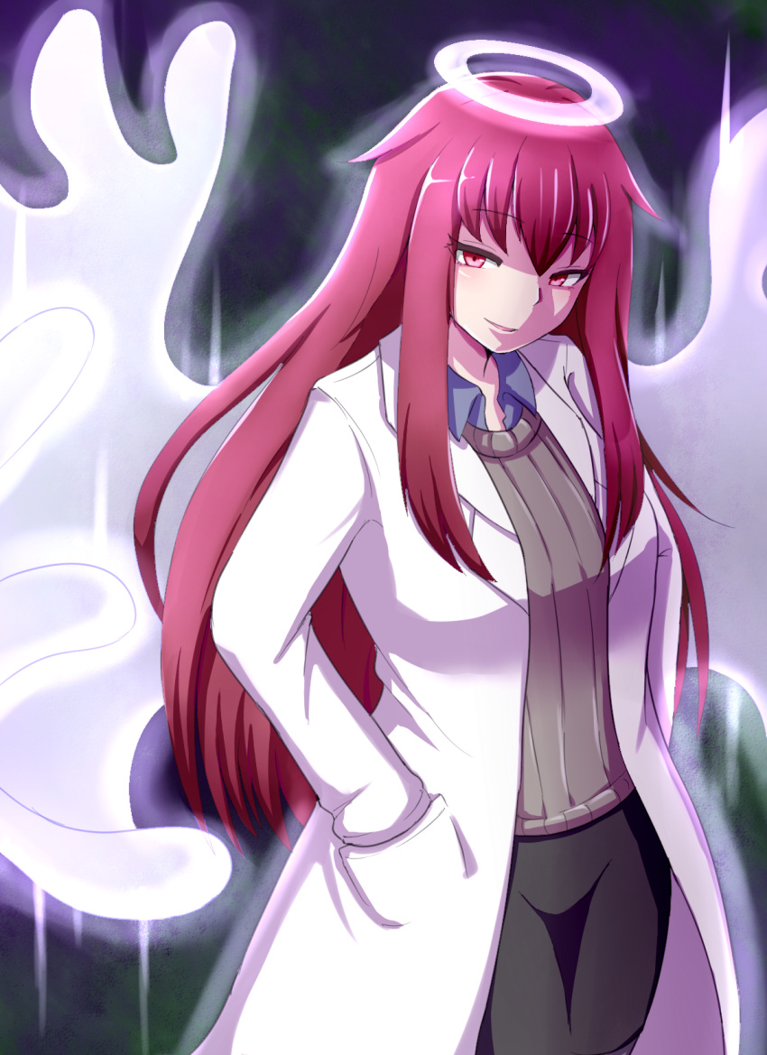 1girl bangs breasts collared_shirt eyebrows_visible_through_hair halo hands_in_pockets highres labcoat long_hair looking_at_viewer medium_breasts mon-musu_quest! monster_girl open_mouth promestein raichi_(ddq0246) red_eyes redhead shirt sidelocks simple_background smile solo sweater wings