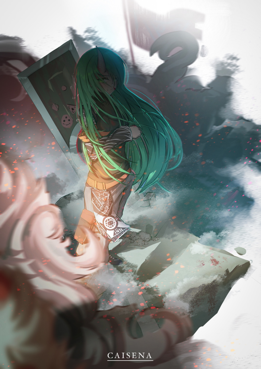1girl absurdres arknights bangs blurry blurry_foreground caisena closed_mouth eyebrows_visible_through_hair from_side full_body green_hair green_shirt grey_shorts highres horns hoshiguma_(arknights) hoshiguma_(patrolling_ronin)_(arknights) long_hair long_sleeves looking_at_viewer looking_to_the_side messy_hair oni_horns red_eyes shirt shorts sidelocks single_horn solo standing weapon