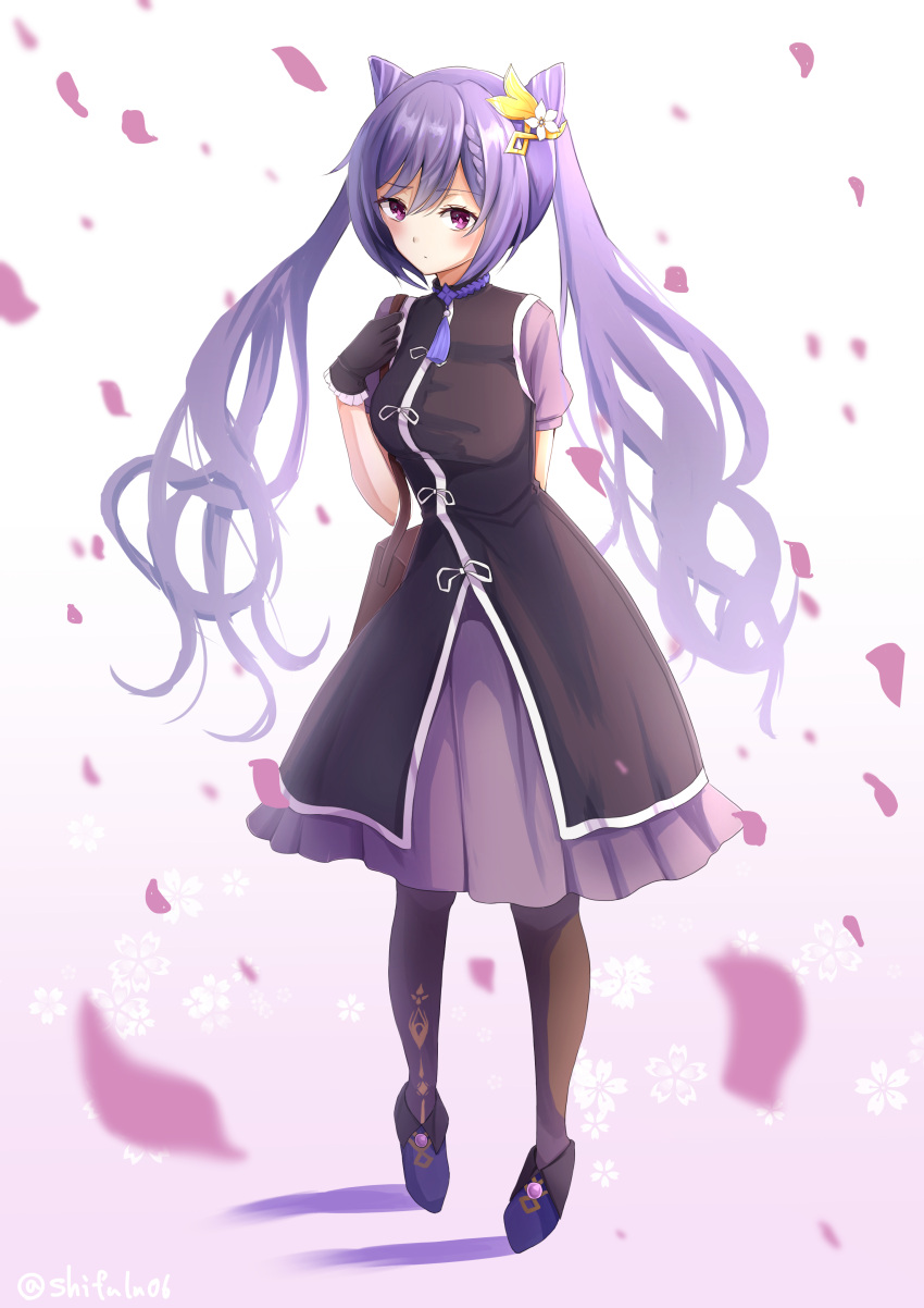 1girl absurdres arm_behind_back bangs black_gloves blurry blurry_foreground braid closed_mouth double_bun dress eyebrows_visible_through_hair frilled_dress frilled_gloves frills full_body genshin_impact gloves hand_up highres keqing_(genshin_impact) long_hair looking_at_viewer messy_hair petals purple_hair seafer06 sidelocks simple_background solo standing tassel twintails violet_eyes