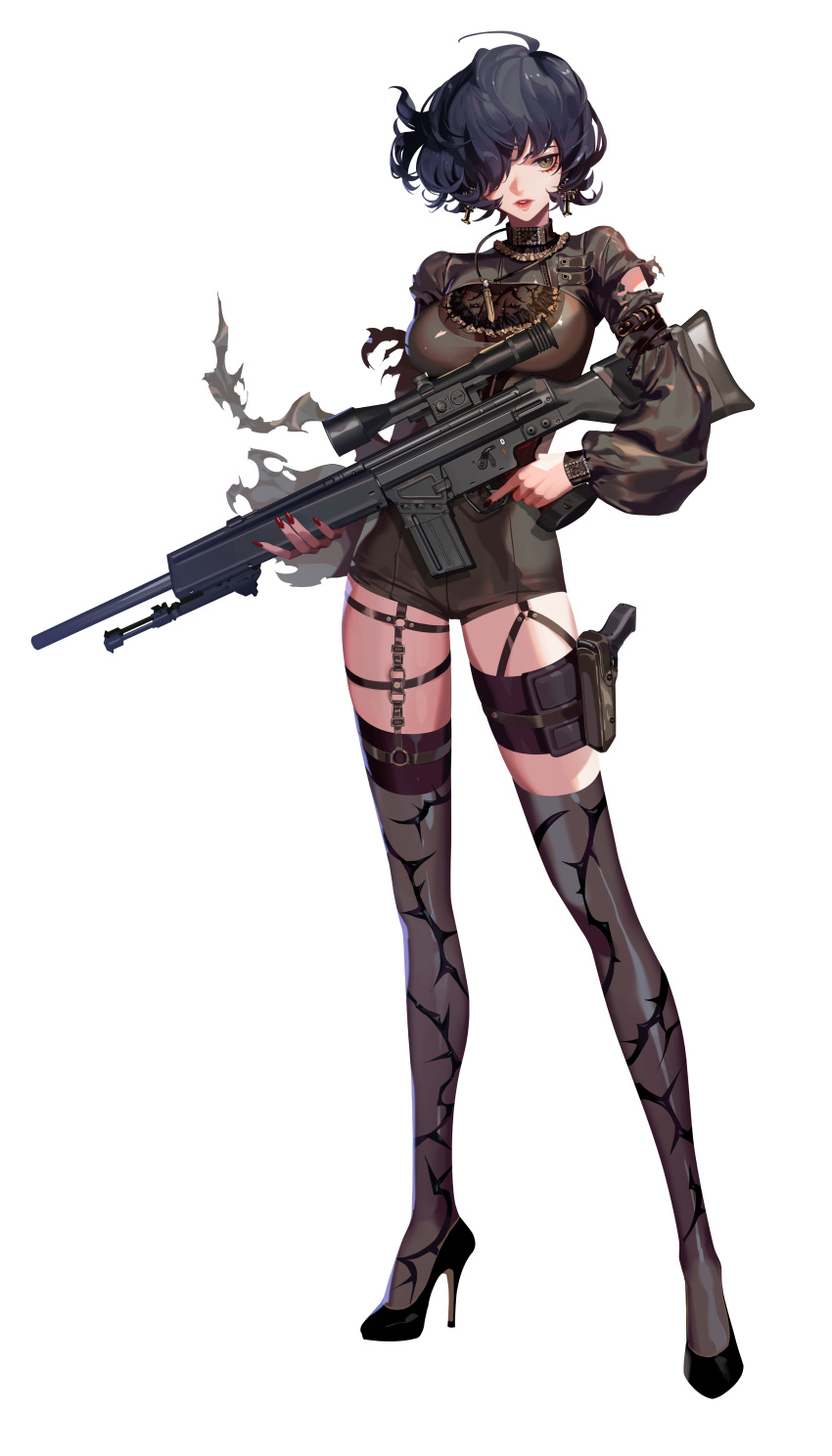 1girl absurdres ahoge artist_request bangs black_footwear black_hair black_survival breasts collar cross cross_earrings earrings full_body green_eyes grey_legwear gun hair_over_one_eye handgun high_heels highres holding holding_gun holding_weapon holster holstered_weapon jewelry lips long_sleeves looking_at_viewer medium_hair nail_polish official_alternate_costume official_art parted_lips pistol red_nails rifle rozzi_(black_survival) scope shoes short_shorts shorts sniper_rifle solo standing thigh-highs thigh_strap torn_clothes transparent_background trigger_discipline weapon