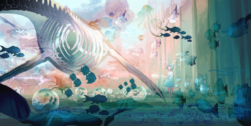 1girl absurdres animal arms_behind_back bangs bare_shoulders barefoot blue_dress blue_hair blunt_bangs bone bubble commentary dress fish highres huge_filesize jellyfish looking_afar looking_away looking_up manta_ray original pinlin scenery short_hair skeleton solo standing swordfish transparent whale wide_shot