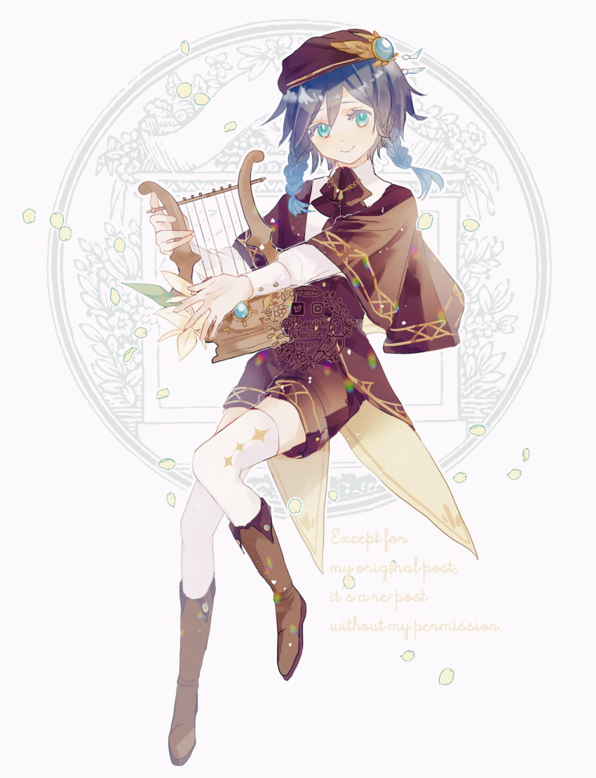 1boy androgynous argyle argyle_legwear ascot bangs beret black_hair blue_hair boots braid brown_headwear brown_shorts capelet closed_mouth coattails cravat english_commentary english_text eyebrows_visible_through_hair f_hayuichi feathers flower full_body gem genshin_impact gradient_hair green_eyes hat highres holding holding_instrument instrument leaf long_sleeves looking_at_viewer lyre male_focus multicolored_hair petals short_hair_with_long_locks shorts simple_background smile solo symbol_commentary thigh-highs twin_braids venti_(genshin_impact) white_background white_flower white_legwear