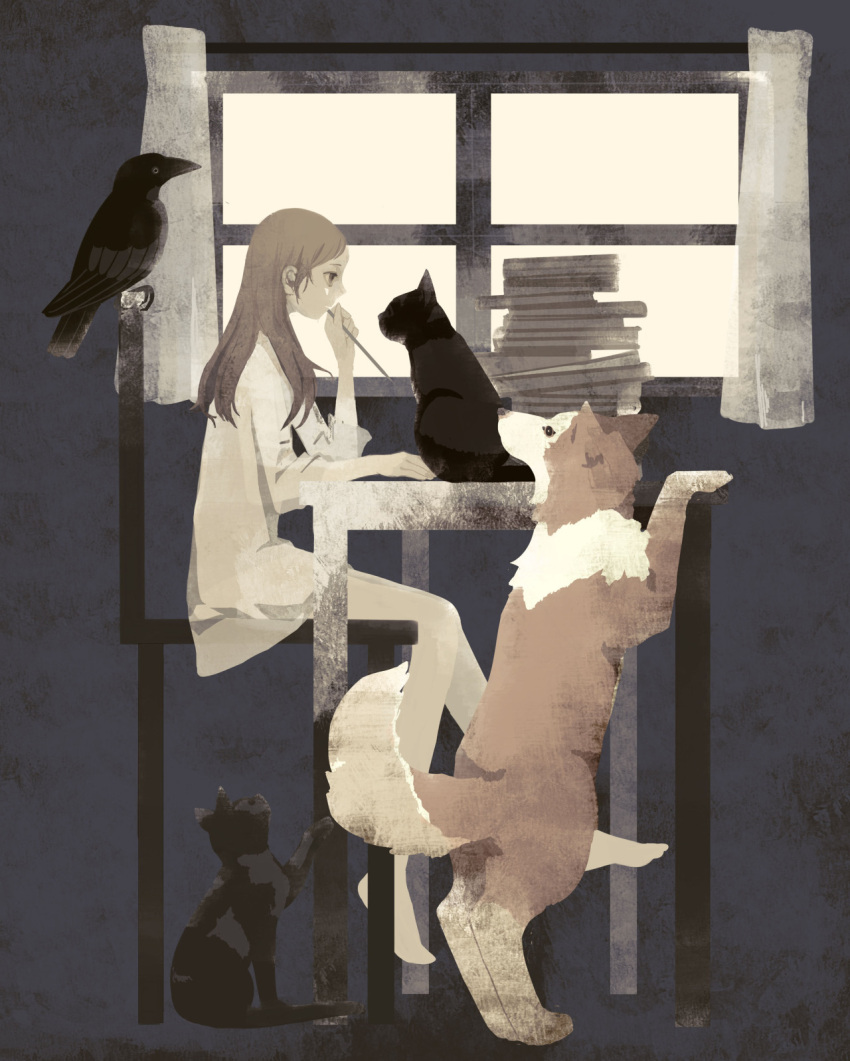 1girl animal barefoot bird black_bird black_cat book book_stack brown_eyes brown_hair cat chair crow dog dress from_side highres holding holding_pencil indoors long_hair long_sleeves original pencil pencil_to_face sitting solo table tono_(rt0no) white_dress window