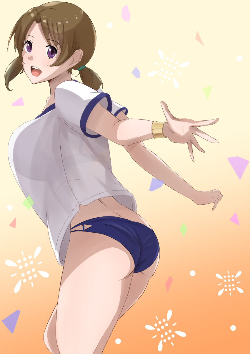 1girl absurdres ass blue_shorts blush bra_through_clothes brown_hair from_side gradient gradient_background highres mahouka_koukou_no_rettousei micro_shorts mitsui_honoka open_mouth orange_background see-through shirt short_sleeves shorts smile solo twintails violet_eyes white_shirt yone-chan_(kuwm5222)