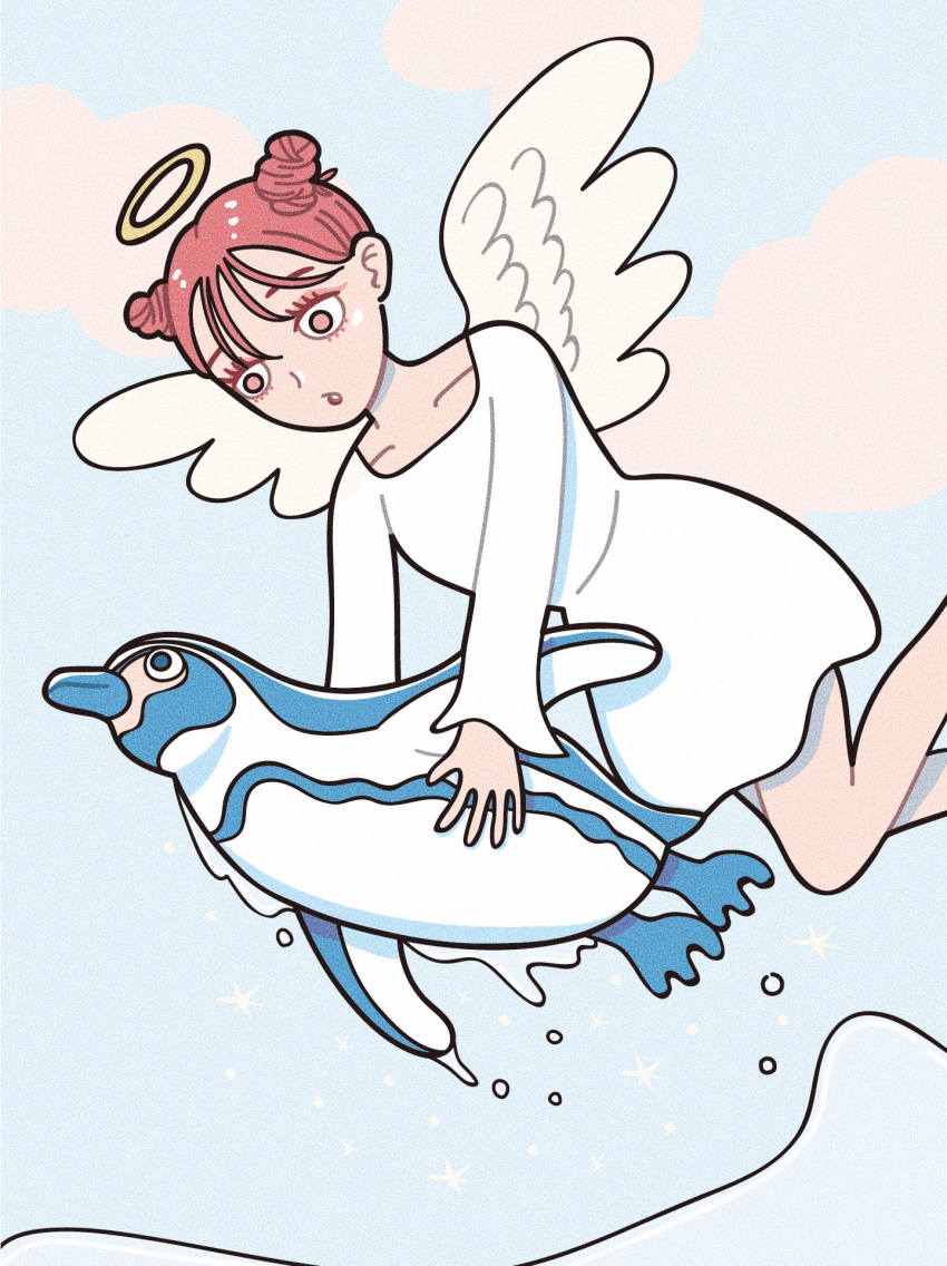 1girl angel angel_wings bangs bird brown_eyes brown_hair clouds double_bun dress feathered_wings feet_out_of_frame flying halo highres hoppe_illust long_sleeves original parted_lips penguin solo water water_drop white_dress white_wings wings