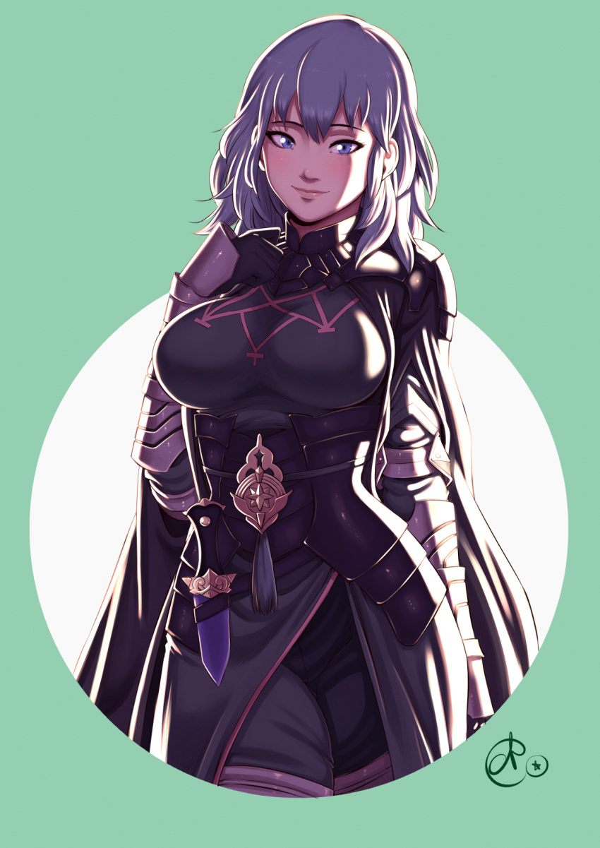 1girl benoit_picard black_shorts blue_eyes blue_hair breasts byleth_(fire_emblem) byleth_eisner_(female) cowboy_shot dagger fire_emblem fire_emblem:_three_houses framed_breasts highres knife large_breasts looking_at_viewer shorts smile solo underbust weapon