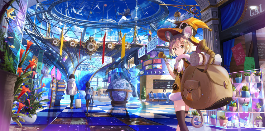 6+girls absurdres animal_ear_fluff animal_ears backpack bag bangs black_legwear blonde_hair cactus checkered checkered_floor chess_piece chinese_commentary clock clover_theater commentary_request dress fish fish_tank fur-trimmed_dress fur_trim globe gloves hair_between_eyes haruru_(clover_theater) hat highres indoors king_(chess) looking_at_viewer looking_back multiple_girls plant potted_plant prinz_eugen1938 short_hair single_thighhigh standing tail thigh-highs weibo_username witch_hat yellow_dress