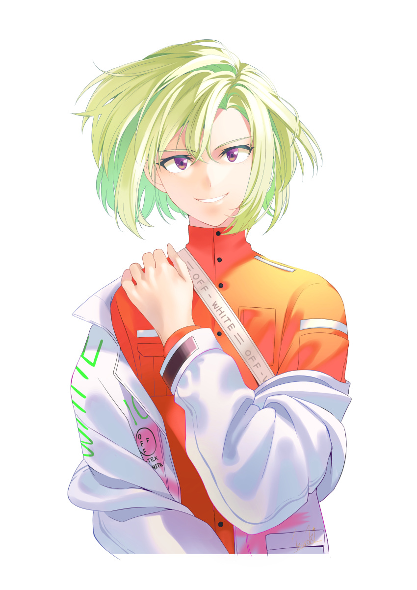 1boy absurdres androgynous green_hair hand_up highres kurokiseow lio_fotia long_sleeves looking_at_viewer parted_lips promare short_hair simple_background smile solo upper_body violet_eyes white_background