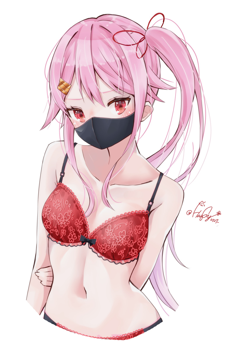 1girl absurdres arm_behind_back bangs blush bra breasts cropped_legs haggy hair_between_eyes hair_ornament hair_ribbon hairclip harusame_(kancolle) highres kantai_collection long_hair mask medium_breasts mouth_mask panties pink_hair ponytail red_bra red_eyes red_panties ribbon side_ponytail sidelocks simple_background solo twitter_username underwear white_background