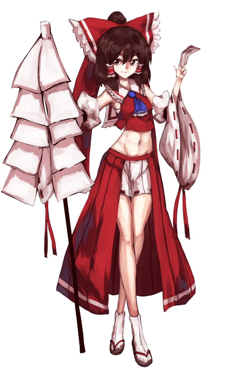 1girl abs adapted_costume ascot bangs between_fingers blue_neckwear brown_eyes brown_hair crop_top detached_sleeves eyebrows_visible_through_hair frilled_hair_tubes frilled_ribbon frilled_shirt_collar frills full_body gohei hair_between_eyes hair_ribbon hair_tubes hakama_skirt hakurei_reimu highres holding legs long_legs long_skirt looking_to_the_side midriff miniskirt navel oversized_object overskirt red_skirt ribbon ribbon-trimmed_skirt ribbon-trimmed_sleeves ribbon_trim shiny shiny_hair shirt simple_background skirt sleeveless sleeveless_shirt smile solo stomach sunyup tabi talisman thighs toned touhou white_background wide_sleeves zouri