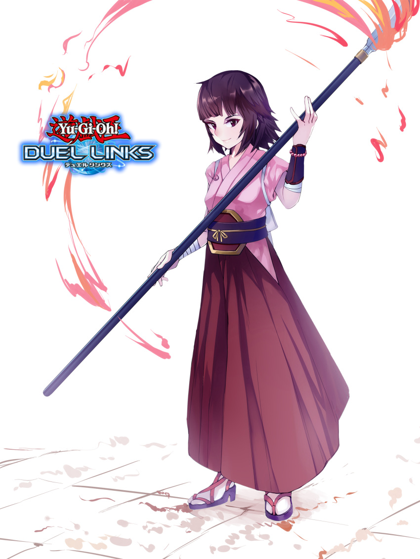 1girl absurdres bangs black_eyes black_hair copyright_name duel_monster fire full_body highres holding holding_spear holding_weapon japanese_clothes kimono medium_hair pink_kimono polearm red_skirt shiranui_squire skirt smile solo spear staff standing tamagokake_candy weapon white_background yu-gi-oh! yu-gi-oh!_duel_links