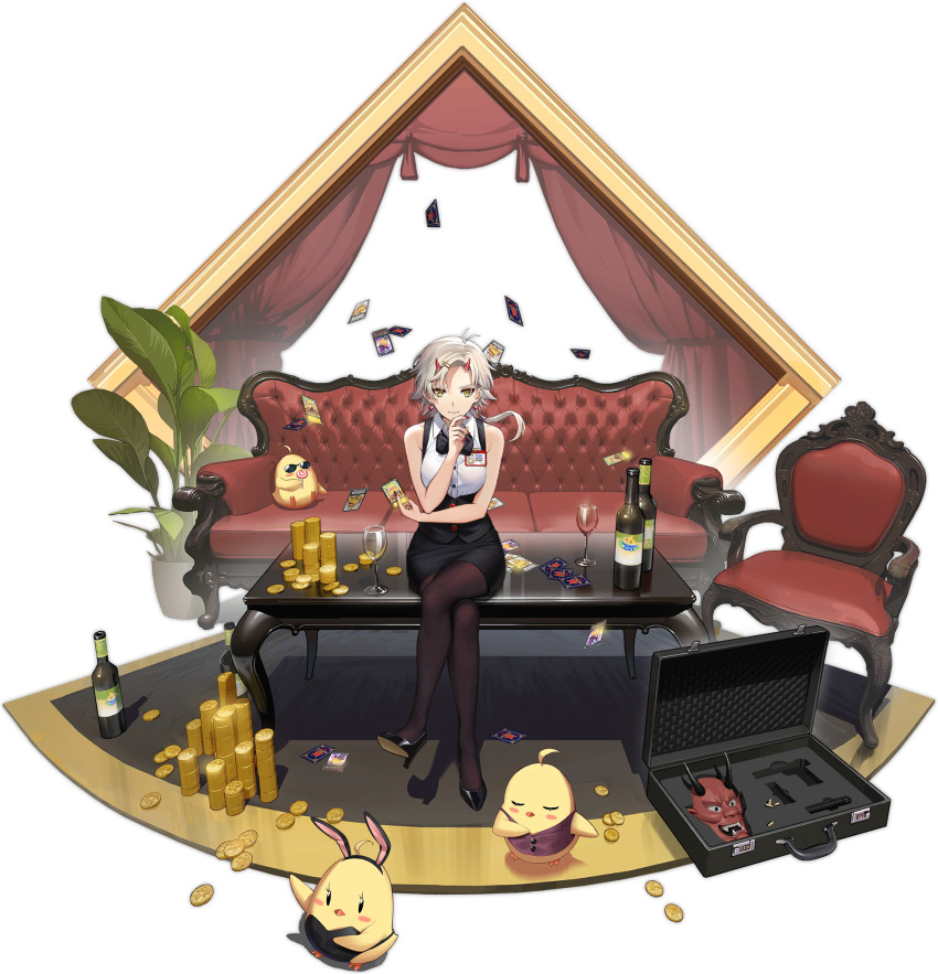 1girl alcohol azur_lane black_footwear black_legwear black_neckwear bottle bow bowtie card coin crossed_legs cup drinking_glass earrings hair_ornament hairclip hand_on_own_chin high_heels highres holding holding_card horns jewelry kinu_(azur_lane) kinu_(token_and_ghost)_(azur_lane) looking_at_viewer manjuu_(azur_lane) official_alternate_costume official_art oni_horns pantyhose short_hair sitting sleeveless transparent_background werkbau white_hair wine wine_bottle wine_glass yellow_eyes