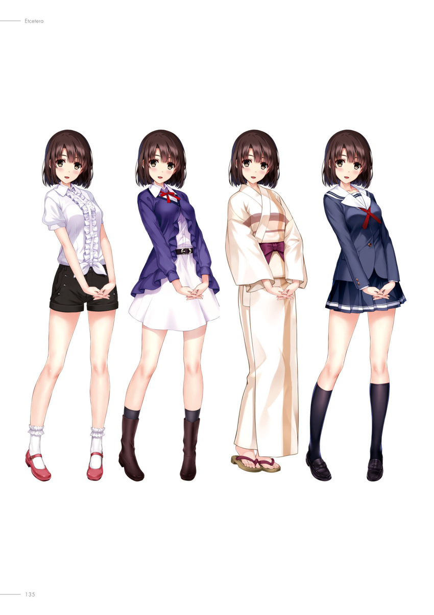 1girl :d belt belt_buckle black_belt black_footwear black_legwear black_shorts blue_skirt blush boots brown_eyes brown_footwear brown_hair buckle collared_shirt dress_shirt grey_jacket highres jacket japanese_clothes katou_megumi kimono kneehighs loafers looking_at_viewer miniskirt misaki_kurehito neck_ribbon official_art open_mouth page_number pink_footwear pleated_skirt red_ribbon ribbon saenai_heroine_no_sodatekata sailor_collar shiny shiny_hair shirt shoes short_hair short_shorts short_sleeves shorts simple_background skirt smile socks variations white_background white_kimono white_legwear white_sailor_collar white_shirt white_skirt wing_collar