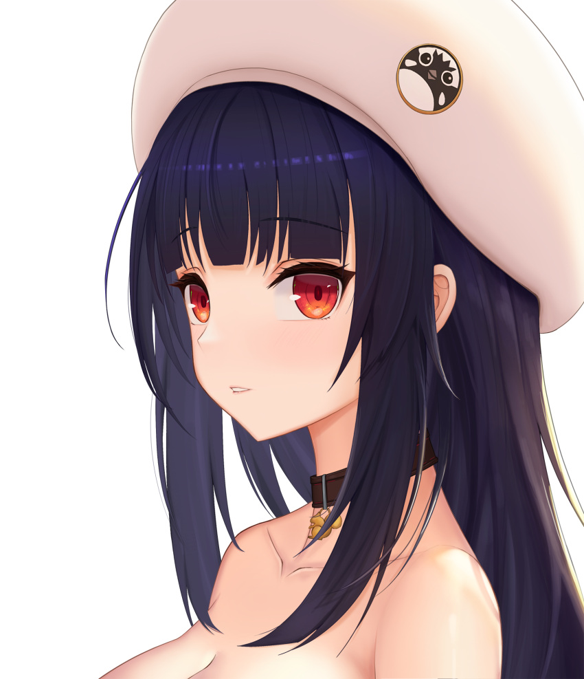 1girl abeen_jhong bangs bare_shoulders black_choker black_hair blunt_bangs blush breasts choker collarbone eyebrows_visible_through_hair face highres large_breasts long_hair looking_at_viewer mask orange_eyes original parted_lips red_eyes simple_background solo strapless white_background white_headwear