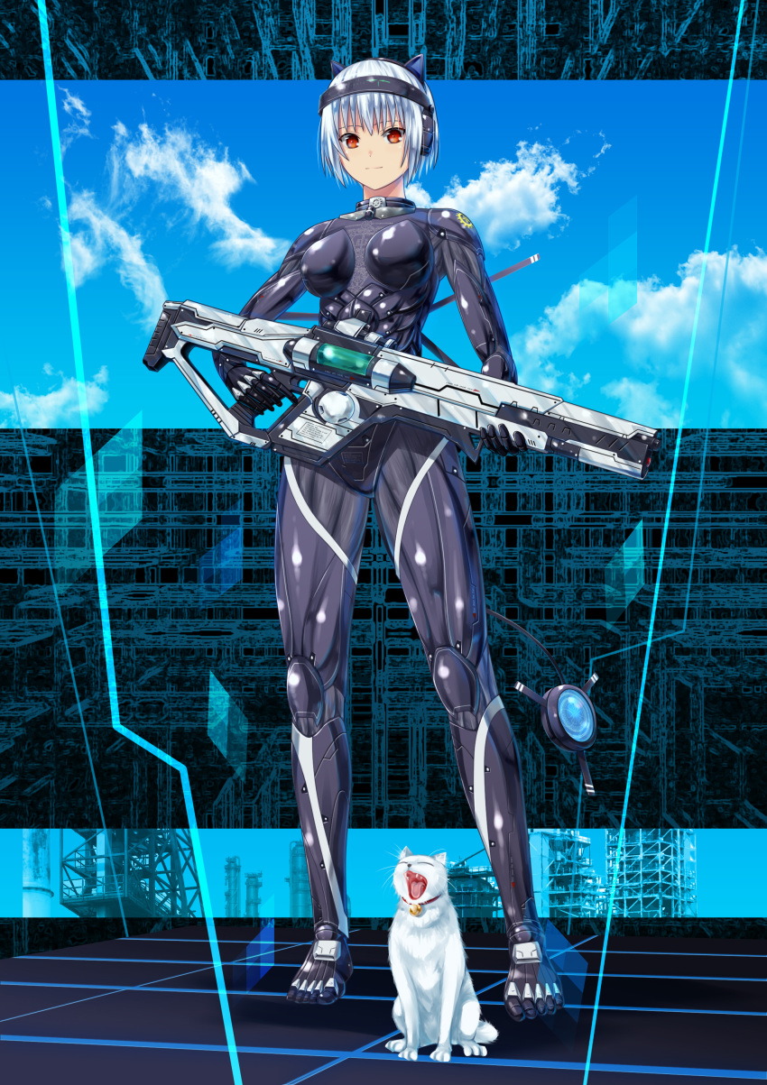 1girl absurdres animal_ear_headphones ano_hito bell breasts cat commentary_request cyborg full_body gun headset highres medium_breasts neck_bell original red_eyes rifle science_fiction shiny short_hair smile solo standing tree_of_life very_short_hair weapon white_hair yawning