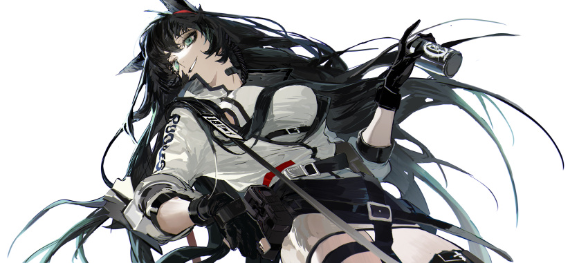 1girl animal_ears arknights belt black_gloves black_hair blaze_(arknights) breasts cat_ears commentary cowboy_shot from_below gloves green_eyes hand_up headset highres jacket large_breasts long_hair looking_away miniskirt nano_(c175311) open_clothes open_jacket open_mouth shirt shoulder_strap simple_background skirt sleeves_rolled_up smile solo thigh_strap utility_belt white_background white_jacket white_shirt