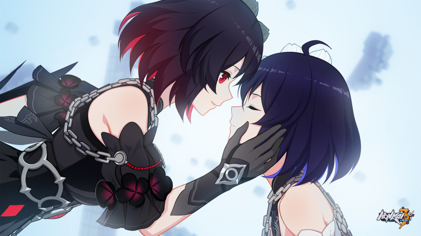 2girls ahoge bare_shoulders black_gloves black_hair chain closed_eyes gloves hand_on_another's_cheek hand_on_another's_face highres honkai_(series) honkai_impact_3rd multicolored_hair multiple_girls official_art red_eyes seele_vollerei seele_vollerei_(stygian_nymph) short_hair two-tone_hair