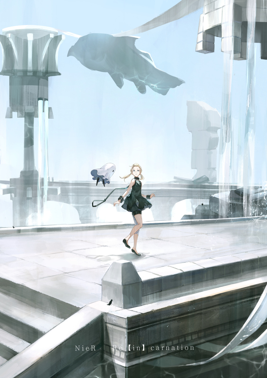 1girl absurdres bandages bare_arms bare_legs bare_shoulders blonde_hair collar fantasy flying_whale forehead ghost green_eyes highres hoshi_rasuku huge_filesize leash leg_belt light_blue_eyes long_hair looking_up nier_(series) nier_reincarnation open_mouth scenery skirt sky solo stairs twintails walking whale