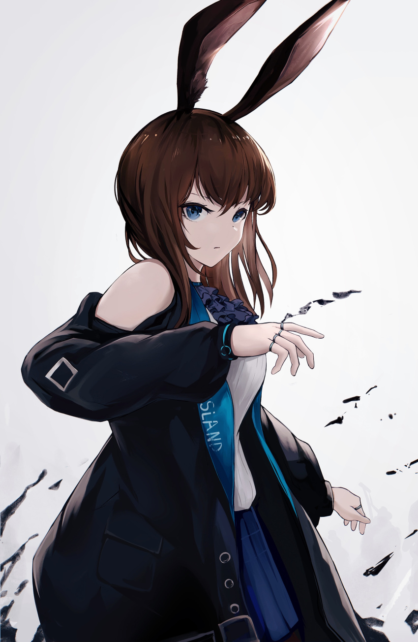 1girl absurdres amamizu_shizuku amiya_(arknights) animal_ears arknights ascot bangs black_jacket black_neckwear blue_choker blue_eyes blue_skirt brown_hair choker closed_mouth clothes_writing commentary hand_up highres jacket jewelry long_hair long_sleeves miniskirt off_shoulder open_clothes open_jacket originium_arts_(arknights) parted_lips purple_neckwear rabbit_ears ring skirt solo sweater white_sweater