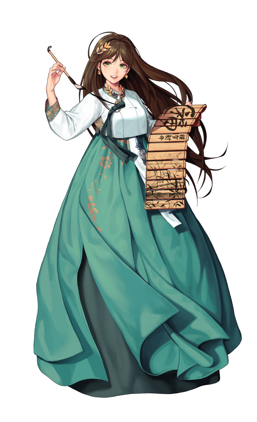 1girl absurdres ahoge bangs black_survival blue_skirt brown_hair calligraphy calligraphy_brush clover_earrings fingernails floral_print full_body green_eyes gweon_sua hair_between_eyes highres holding holding_brush lips long_hair long_skirt long_sleeves looking_at_viewer official_alternate_costume official_art open_mouth paintbrush skirt solo standing translation_request transparent_background upper_teeth yamakawa