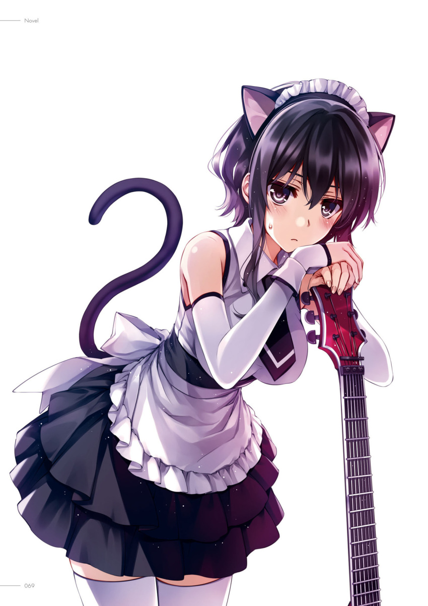 1girl animal_ears apron back_bow bangs black_hair black_neckwear black_skirt blush bow breasts cat_ears cat_girl collared_shirt cowboy_shot detached_sleeves fake_animal_ears frown guitar hair_between_eyes hands_on_hilt highres hyoudou_michiru instrument large_breasts layered_skirt leaning_forward long_sleeves looking_at_viewer maid_headdress miniskirt misaki_kurehito necktie official_art page_number pleated_skirt saenai_heroine_no_sodatekata shiny shiny_hair shirt short_hair_with_long_locks sidelocks skirt sleeveless sleeveless_shirt sleeves_past_wrists solo standing sweatdrop waist_apron white_apron white_bow white_shirt white_sleeves wing_collar