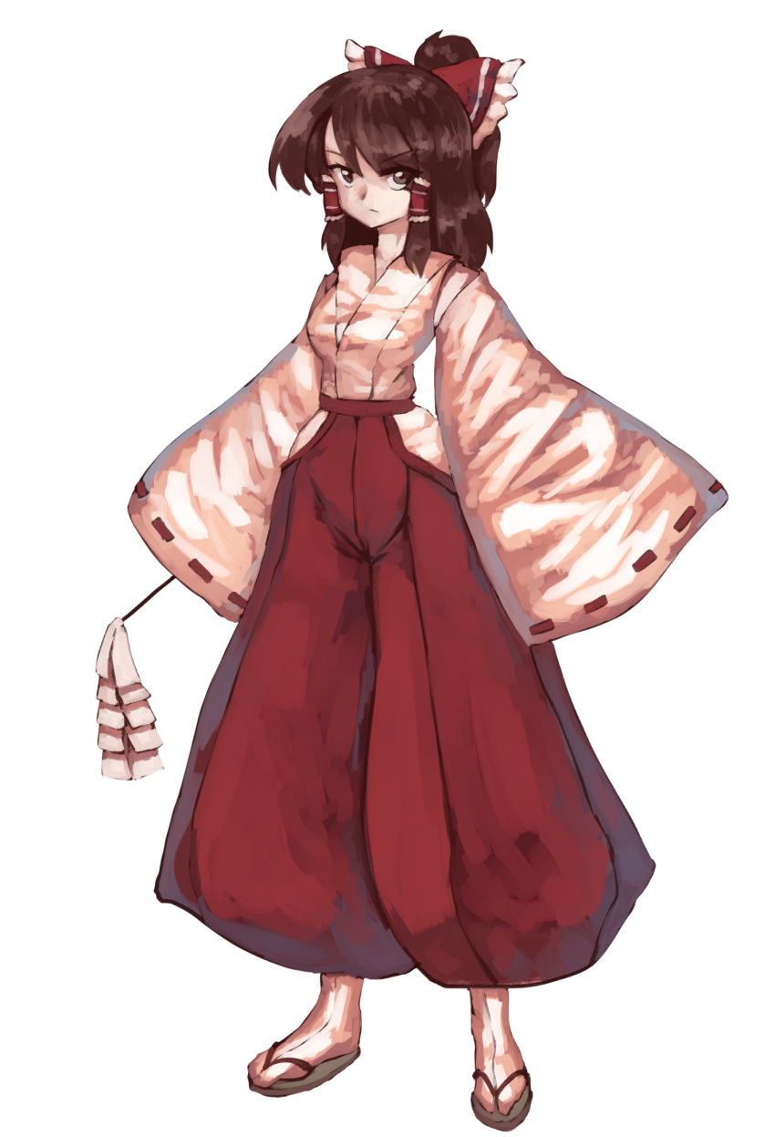 1girl alternate_costume bangs bow brown_eyes brown_hair closed_mouth eyebrows_visible_through_hair frilled_bow frilled_hair_tubes frills gohei hair_bow hair_tubes hakama hakama_pants hakurei_reimu highres hip_vent holding japanese_clothes long_sleeves looking_at_viewer medium_hair miko parted_bangs red_bow red_hakama ribbon-trimmed_sleeves ribbon_trim shiny shiny_hair short_ponytail simple_background solo sunyup tabi touhou traditional_clothes white_background wide_sleeves zouri