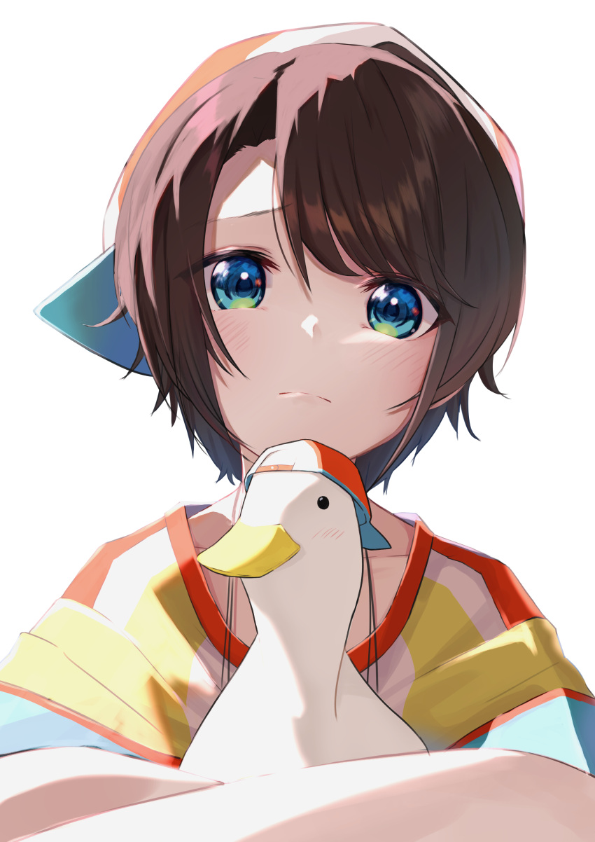 1girl absurdres animal backwards_hat bangs baseball_cap bird blue_eyes blue_shirt blush brown_hair collarbone commentary crossed_arms duck frown hair_strand hat highres holding holding_animal hololive hug jersey looking_at_viewer mikaku multicolored_shirt oozora_subaru raised_eyebrows red_shirt sad shirt short_hair simple_background solo white_background white_shirt yellow_shirt