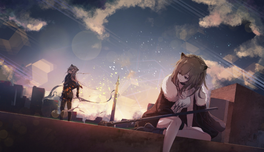 2girls animal_ears arknights bangs black_gloves black_jacket black_pants blonde_hair building caisena camisole choker cityscape closed_mouth clouds dagger eyebrows_visible_through_hair fur_trim gloves hair_between_eyes hammer holding holding_dagger holding_weapon indra_(arknights) jacket lion_ears long_hair long_sleeves looking_at_another looking_back messy_hair multiple_girls open_clothes open_jacket pants red_eyes sidelocks siege_(arknights) sitting sky sleeveless standing sunlight thighs tiger_ears weapon white_hair