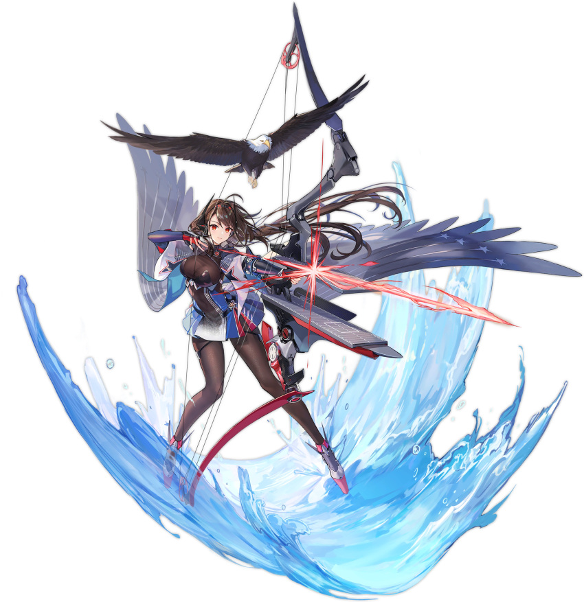1girl animal atdan azur_lane bald_eagle bird black_hair black_legwear bodystocking bow_(weapon) breasts character_name compound_bow eagle highres independence_(azur_lane) large_breasts long_hair looking_at_viewer official_art pantyhose red_eyes retrofit_(azur_lane) rigging transparent_background weapon wings