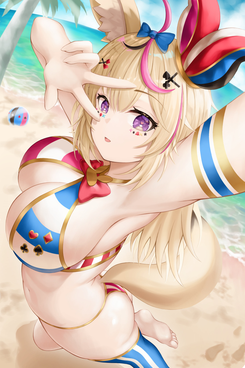 1girl :d absurdres ahoge animal_ears arm_up armpits barefoot beach bikini bikini_bottom bikini_top blonde_hair breasts fox_ears fox_tail hair_ornament hairclip hat highres hololive huge_filesize jester_cap large_breasts long_hair makeup multicolored_hair omaru_polka open_mouth pink_hair roina_(effj7473) sand single_thighhigh smile solo streaked_hair swimsuit tail thigh-highs tree violet_eyes virtual_youtuber volleyball w water