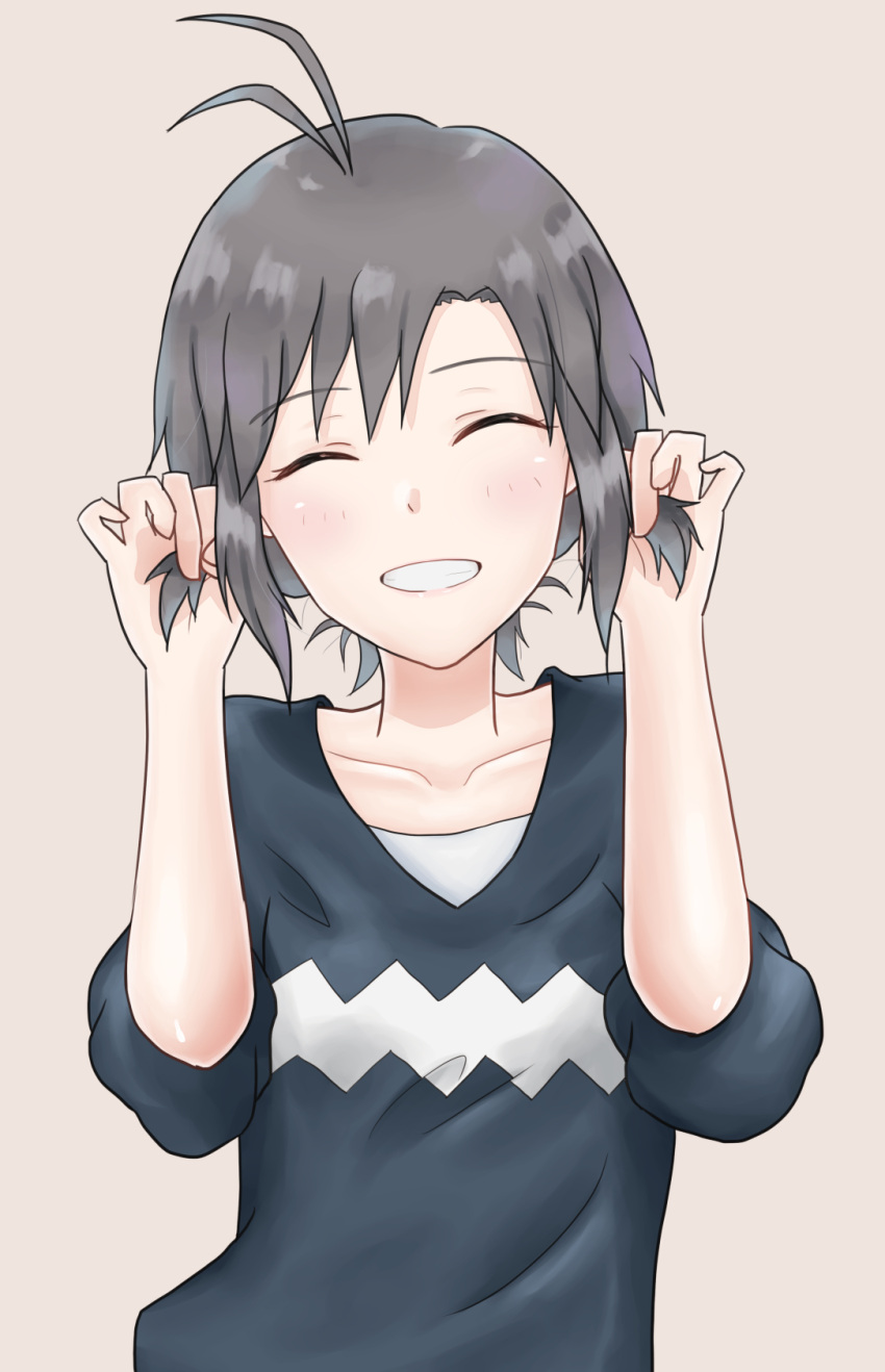 1girl antenna_hair bangs black_hair black_shirt blush brown_background bunching_hair closed_eyes collarbone commentary grin highres idolmaster idolmaster_(classic) idolmaster_2 kikuchi_makoto mogskg shirt short_hair simple_background smile solo twintails_day upper_body