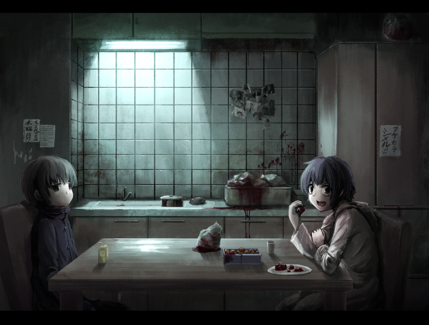 2boys bangs bibitto_(kemushima3) black_eyes black_hair black_jacket blood blood_splatter buttons cabinet cannibalism chair commentary cowboy_shot cup eating food guro hair_between_eyes highres hood hoodie indoors jacket juice_box letterboxed looking_at_viewer male_focus meat multiple_boys no_mouth note open_mouth original pot refrigerator sink sitting table white_hoodie