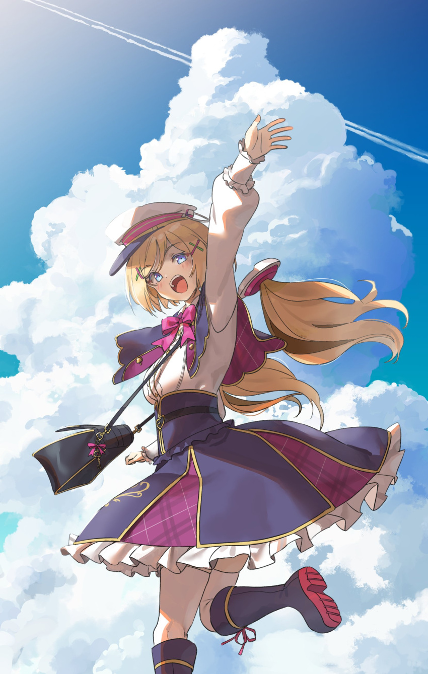 1girl absurdres aki_rosenthal bangs blonde_hair breasts detached_hair electriccross hair_ornament highres hololive long_hair looking_at_viewer open_mouth short_hair sky smile twintails violet_eyes virtual_youtuber