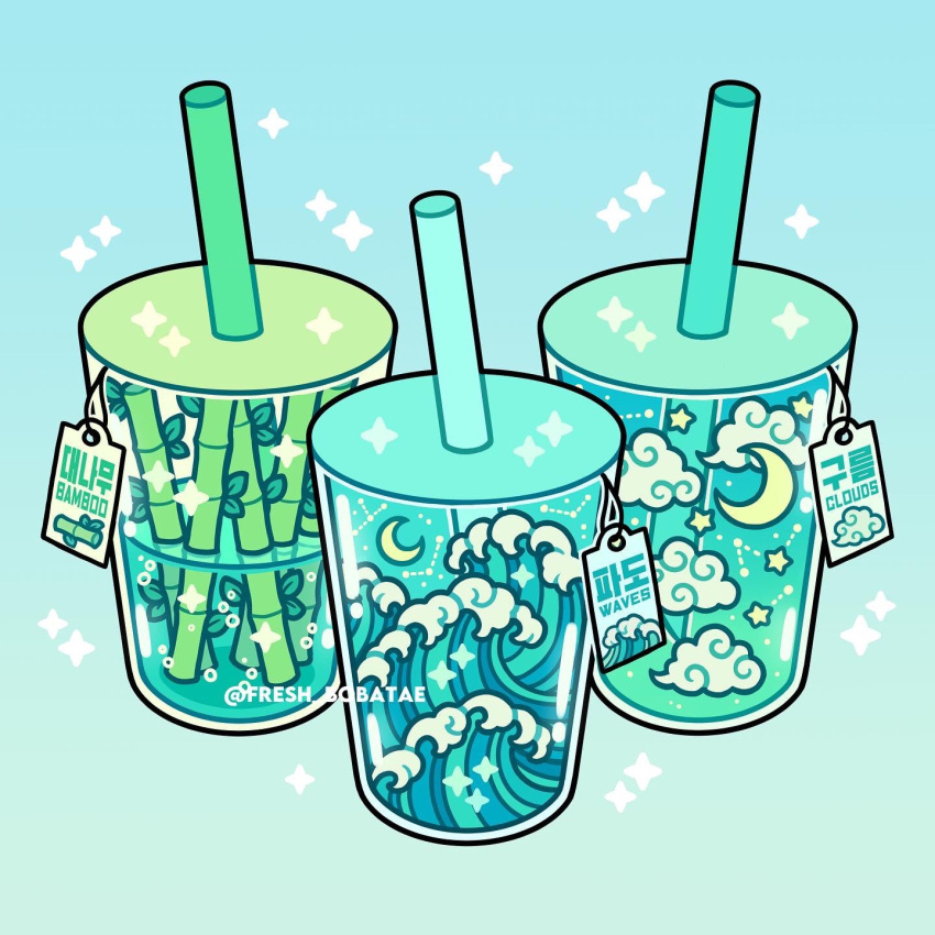aqua_background aqua_theme bamboo clouds constellation crescent_moon cup disposable_cup drink drinking_straw emily_kim food_focus gradient_background highres liquid moon no_humans original pastel_colors simple_background sky sparkle tag twitter_username waves