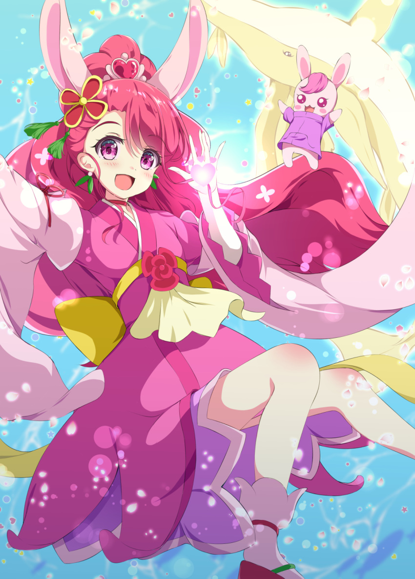 1girl :d animal_ears blue_background commentary_request cure_grace floating_hair glowing hair_ornament hanadera_nodoka hand_up healin'_good_precure heart high_ponytail highres jacket japanese_clothes kimono long_hair long_sleeves looking_at_viewer magical_girl open_mouth outstretched_arm pink_kimono ponytail precure purple_jacket rabbit_ears rabirin_(precure) red_footwear redhead smile socks tsuyukina_fuzuki very_long_hair violet_eyes white_legwear wide_sleeves zouri