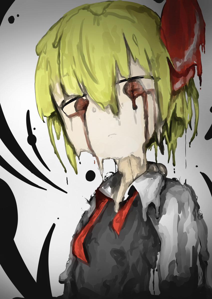 1girl absurdres blonde_hair blood bloody_tears highres looking_at_viewer looking_down melting red_eyes red_ribbon ribbon rumia short_hair solo touhou youtube_snh