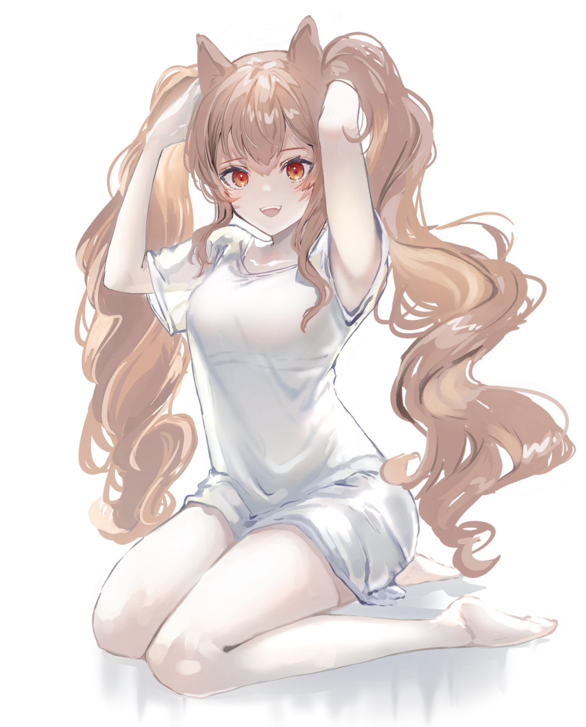 1girl :d angelina_(arknights) animal_ears arknights brown_hair commentary fox_ears hands_up highres long_hair looking_at_viewer nanaponi open_mouth red_eyes seiza shirt simple_background sitting smile solo twintails very_long_hair white_background white_shirt