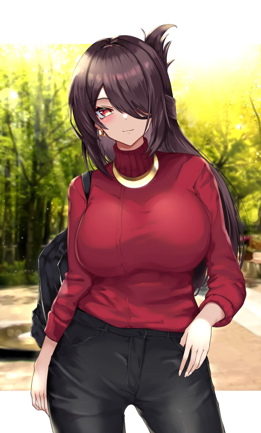 1girl absurdres backpack bag bangs beidou_(genshin_impact) black_hair black_pants blurry blurry_background blush breasts casual earrings genshin_impact hair_over_one_eye highres jewelry large_breasts long_hair looking_at_viewer masaki_nanaya necklace outdoors pants red_eyes red_sweater smile solo sweater turtleneck turtleneck_sweater