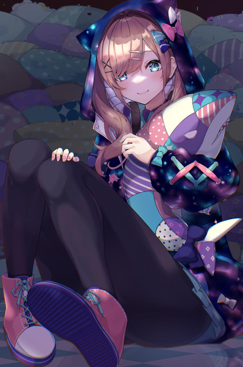 1girl :3 absurdres animal_ears appo_(36786257) bangs black_legwear blue_eyes blue_nails blush bow breasts brown_hair eyebrows_visible_through_hair fake_animal_ears hair_between_eyes hair_bow hair_ornament hair_over_one_eye hand_on_own_knee high_tops highres hood hood_up hooded_jacket jacket long_hair long_sleeves looking_at_viewer multicolored multicolored_nails nail_polish nijisanji pantyhose pink_footwear pink_nails shirt shoes sitting skirt smile sneakers solo striped stuffed_animal stuffed_shark stuffed_toy suzuhara_lulu virtual_youtuber x_hair_ornament