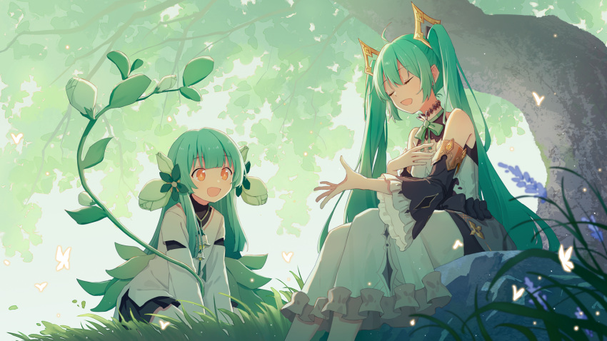 2girls :d ahoge aqua_hair bangs bug butterfly character_request closed_eyes commentary_request detached_sleeves dress eyebrows_visible_through_hair frilled_sleeves frills grass hand_on_own_chest hatsune_miku insect long_hair long_sleeves looking_at_another masterwork_apocalypse mimengfeixue multiple_girls open_mouth orange_eyes outdoors shirt sidelocks sitting smile tree twintails very_long_hair vocaloid white_dress white_shirt wide_sleeves