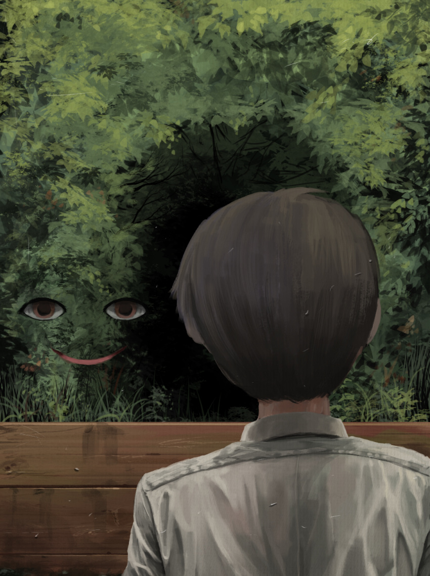 1boy bibitto_(kemushima3) brown_eyes brown_hair bush commentary_request disembodied_eye disembodied_mouth eyes from_behind grass highres looking_at_viewer male_focus original shirt short_hair smile solo surreal upper_body white_shirt