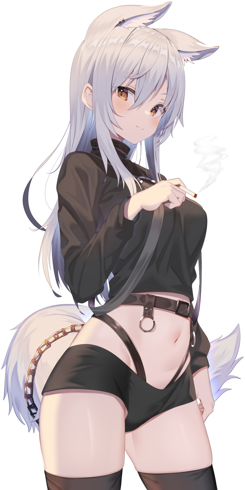1girl :3 absurdres animal_ears belt black_legwear black_shirt black_shorts breasts cigarette closed_mouth contrapposto cowboy_shot crop_top extra_ears fox_ears fox_girl fox_tail hair_between_eyes highleg highres holding jun_(aousa0328) long_hair long_sleeves looking_at_viewer medium_breasts micro_shorts midriff navel orange_eyes original shirt shorts sidelocks silver_hair simple_background smile smoke solo standing stomach tail thigh-highs thighs turtleneck white_background